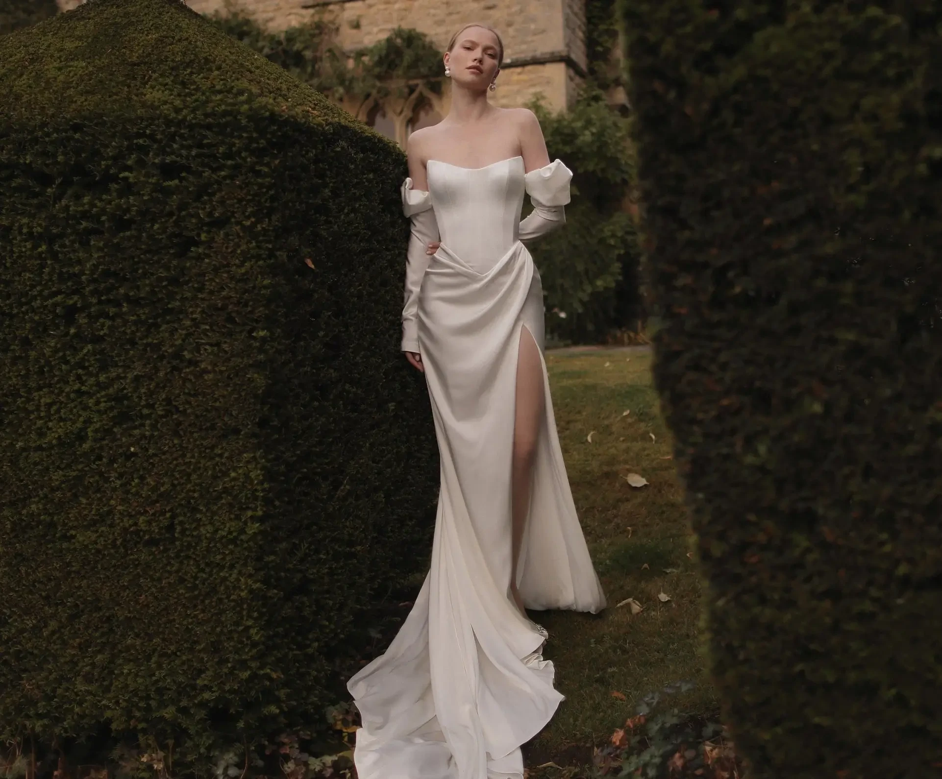 Model wearing a white gown